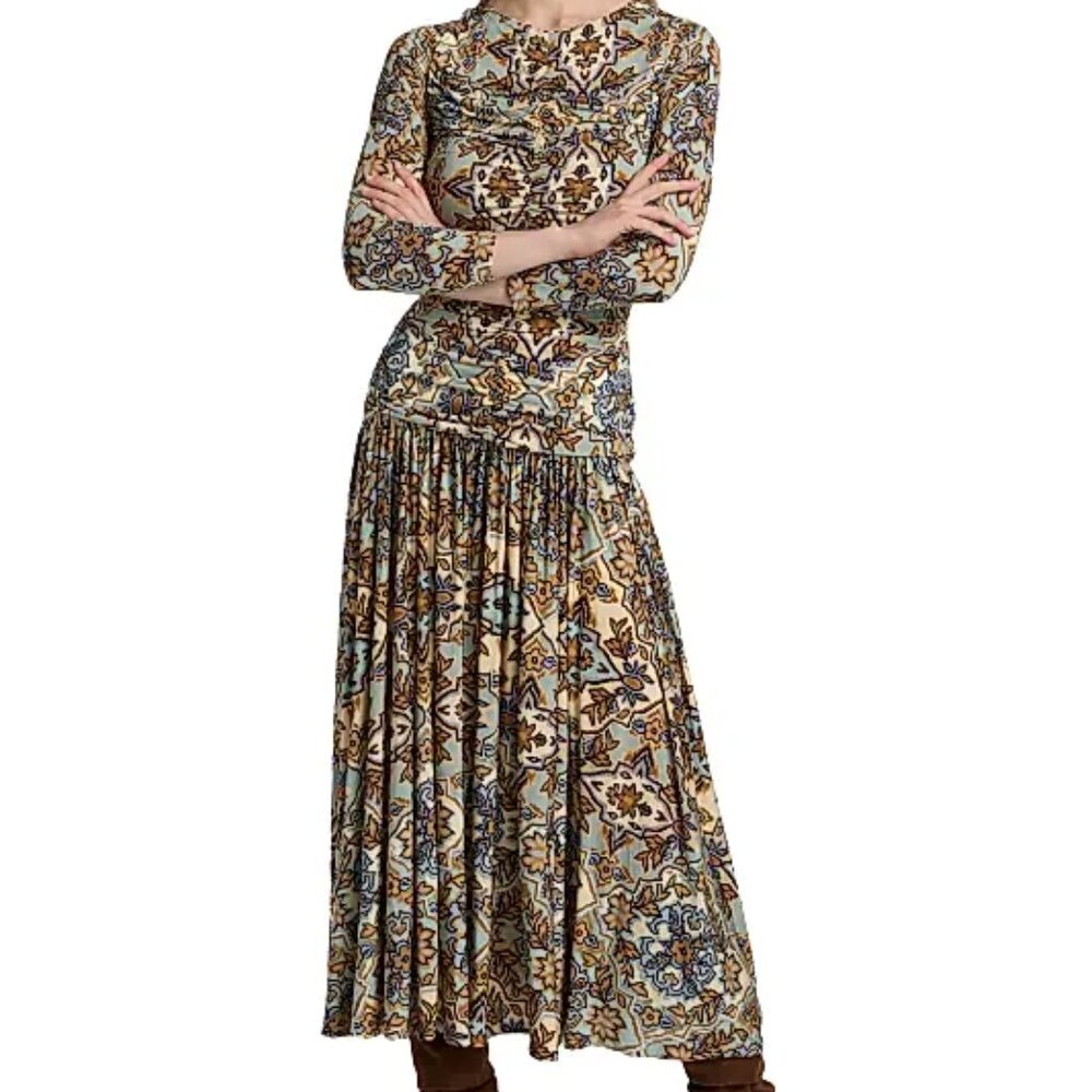 FARM Rio Beige and Blue Patterned Long Sleeve Dress